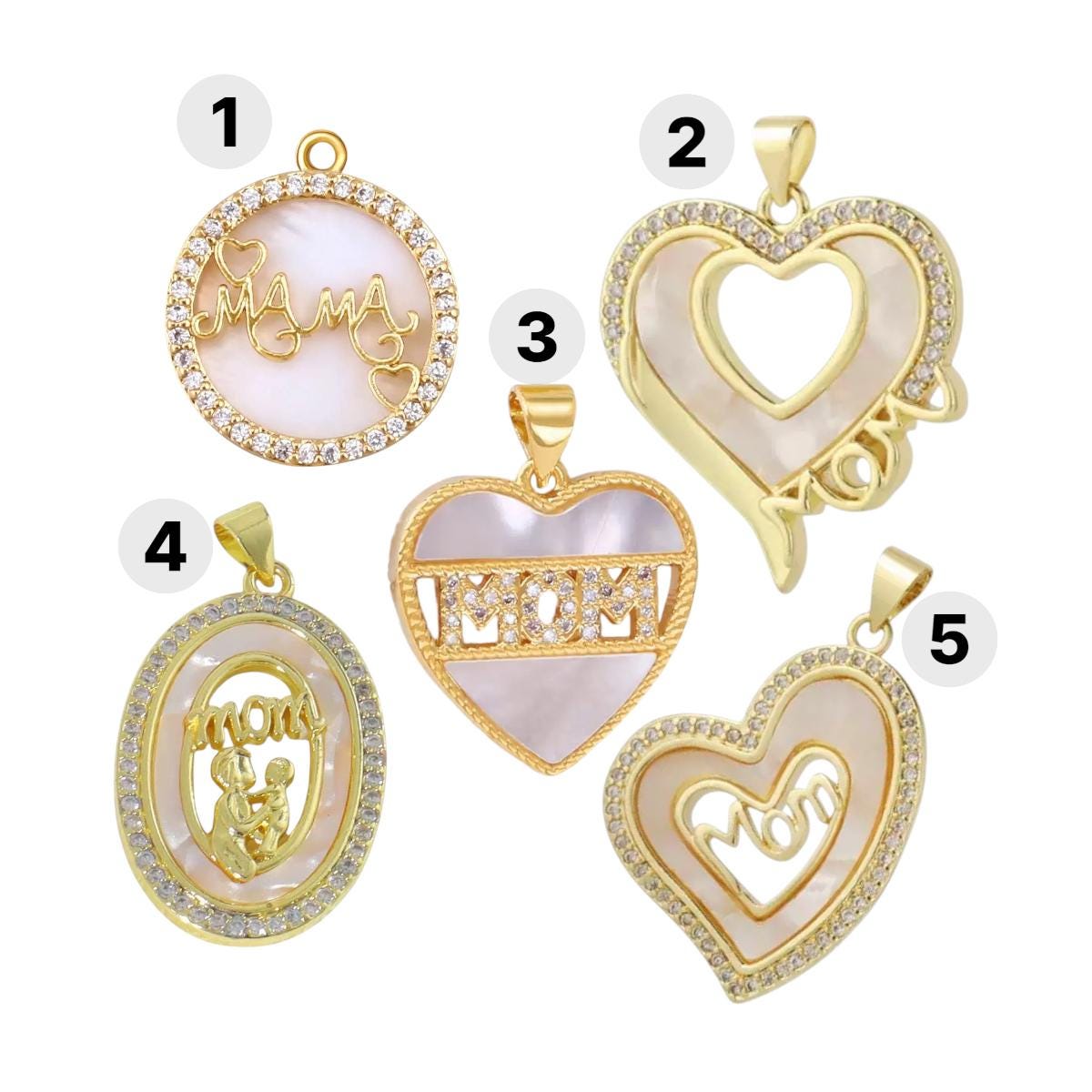 Gold MOM Charm Pendant, Mother of Pearl Heart Mom Pendant, Mama Round Charm, CZ Family Jewelry Making Supply
