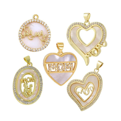 Gold MOM Charm Pendant, Mother of Pearl Heart Mom Pendant, Mama Round Charm, CZ Family Jewelry Making Supply