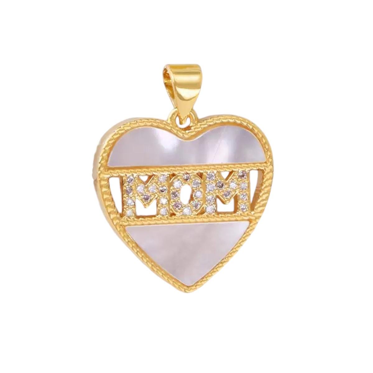 Gold MOM Charm Pendant, Mother of Pearl Heart Mom Pendant, Mama Round Charm, CZ Family Jewelry Making Supply