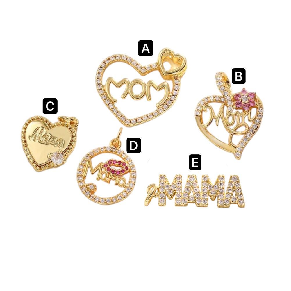 Gold MOM Charm Pendant, CZ Heart Mom Charm, Mama Script Charm, Mothers Day Jewelry Making Supply