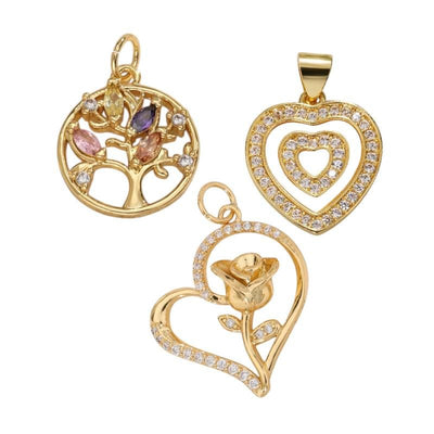 Gold Tree of Life Charm, CZ Heart Pendant, Rose Heart Charm, Mom Jewelry Making Supply, Mothers Day Gift Charm
