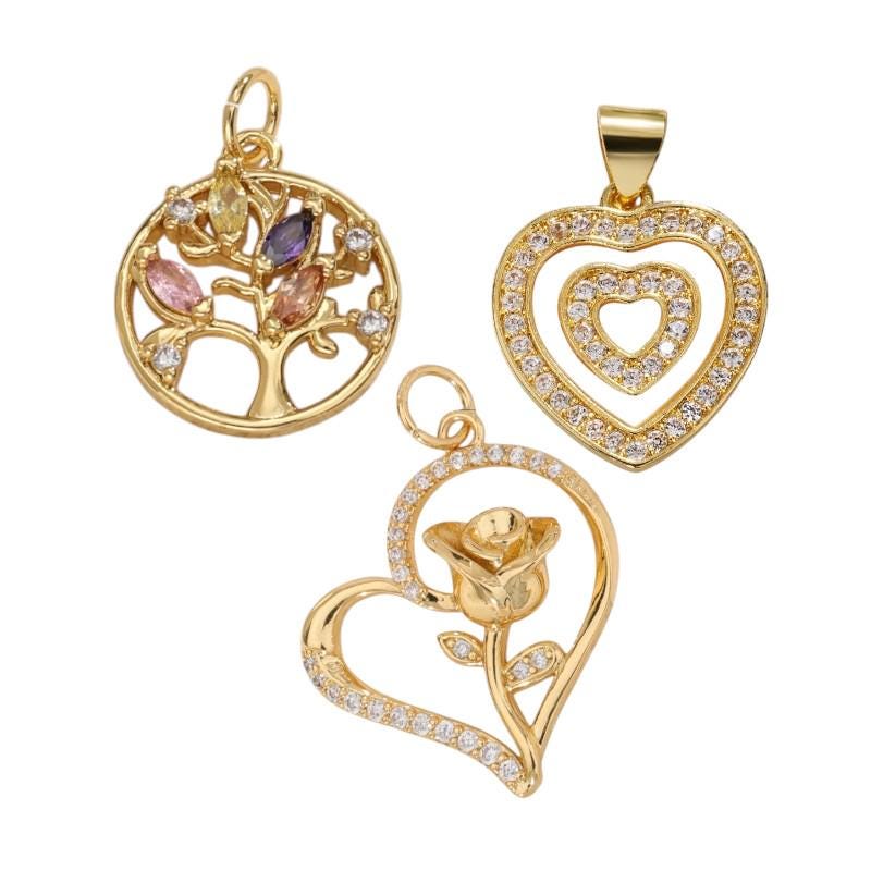 Gold Tree of Life Charm, CZ Heart Pendant, Rose Heart Charm, Mom Jewelry Making Supply, Mothers Day Gift Charm