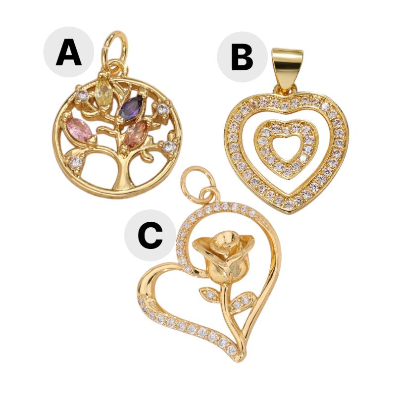 Gold Tree of Life Charm, CZ Heart Pendant, Rose Heart Charm, Mom Jewelry Making Supply, Mothers Day Gift Charm