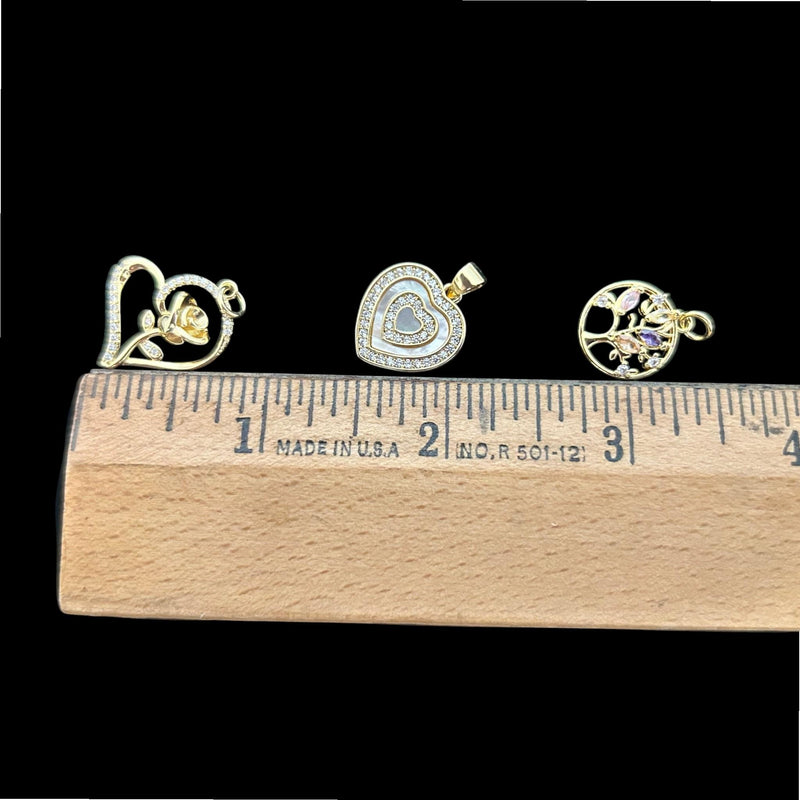 Gold Tree of Life Charm, CZ Heart Pendant, Rose Heart Charm, Mom Jewelry Making Supply, Mothers Day Gift Charm