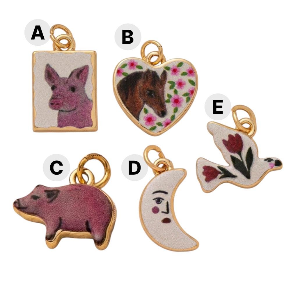 Vintage Enamel Animal Charm, Pig Pendant, Horse Heart Charm, Crescent Moon Face, Floral Bird Gold Charm, DIY Jewelry Supply