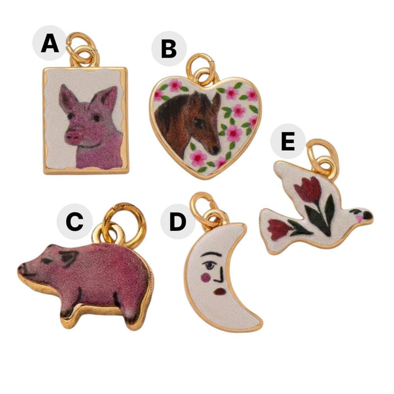Vintage Enamel Animal Charm, Pig Pendant, Horse Heart Charm, Crescent Moon Face, Floral Bird Gold Charm, DIY Jewelry Supply