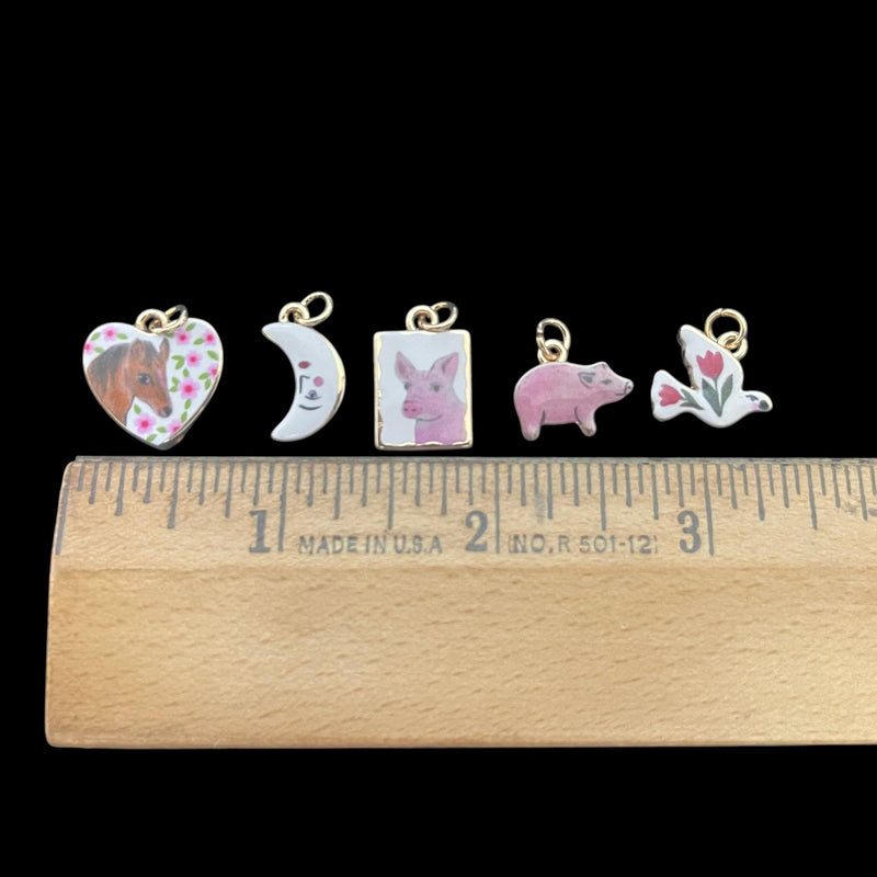Vintage Enamel Animal Charm, Pig Pendant, Horse Heart Charm, Crescent Moon Face, Floral Bird Gold Charm, DIY Jewelry Supply