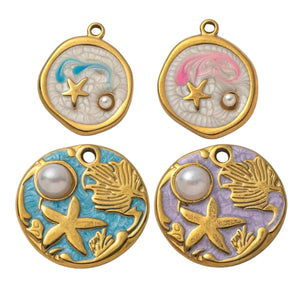 Starfish Ocean Charm Pendant Set | Gold Tone Enamel Beach Charms with Pearl Accent | Coastal DIY Jewelry Charms