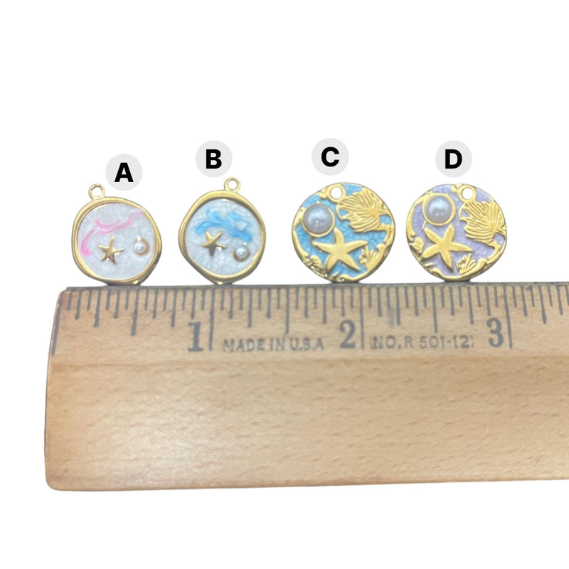 Starfish Ocean Charm Pendant Set | Gold Tone Enamel Beach Charms with Pearl Accent | Coastal DIY Jewelry Charms
