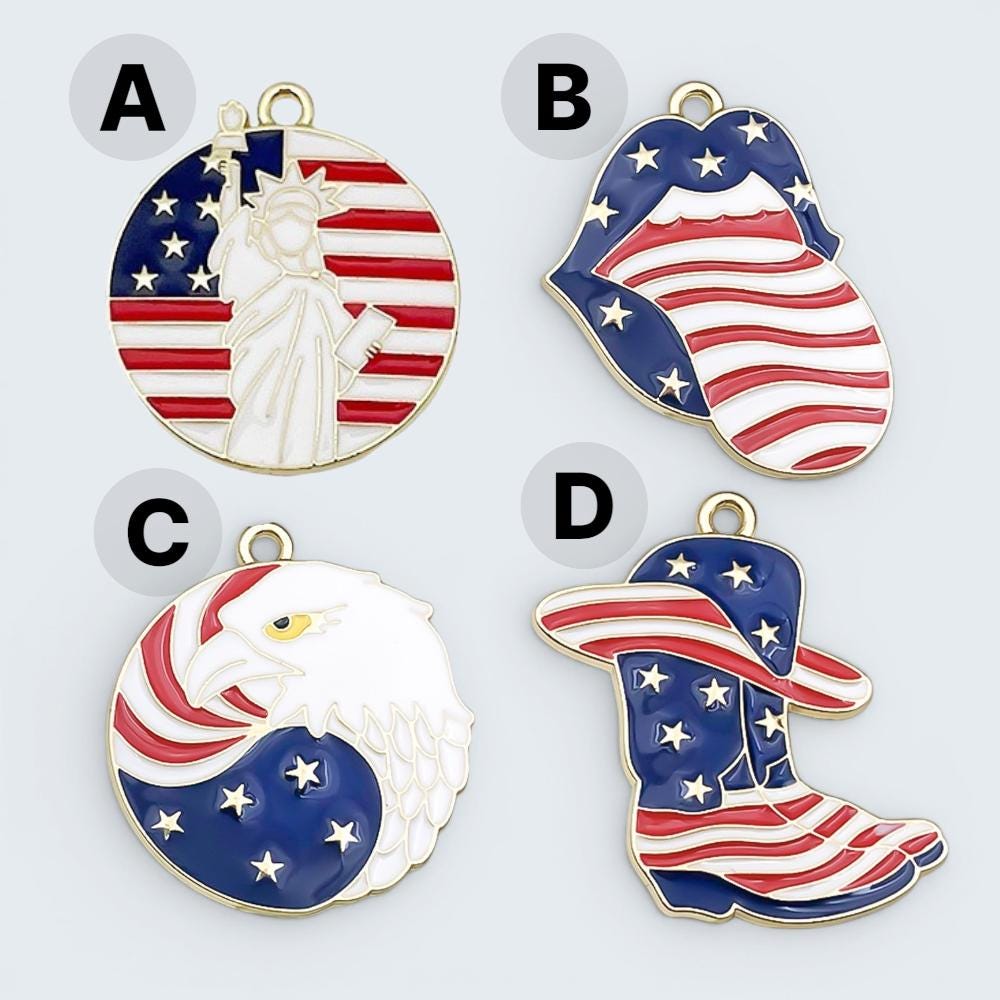 USA Patriotic Charm Pendant, American Flag Enamel Charm, Statue of Liberty, Eagle, Lips, Cowboy Hat Jewelry Making Supply