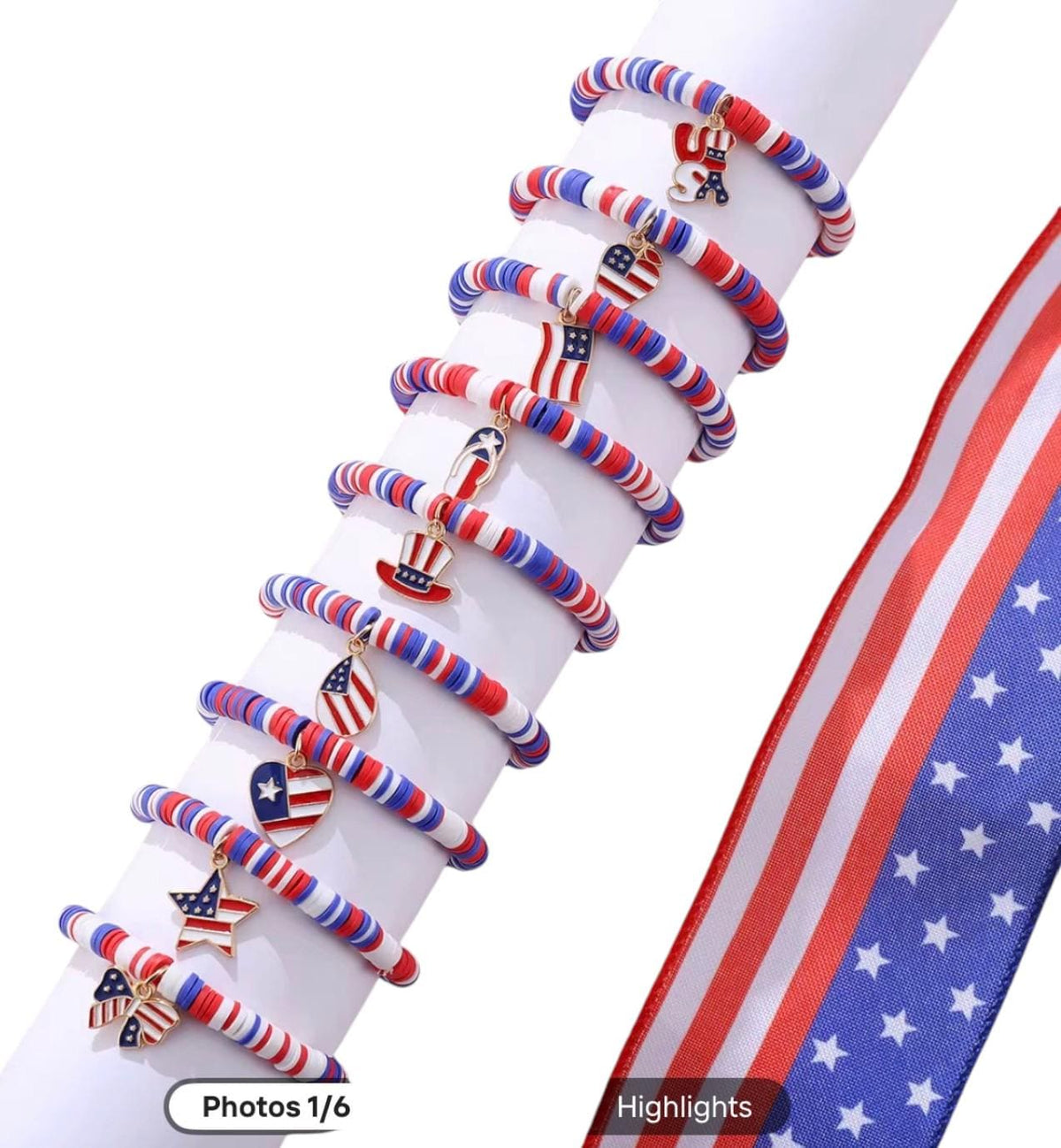 4th of July Beaded Bracelet, Patriotic  Charm Bracelet, USA Flag Stretch Bracelet, Red White Blue Jewelry