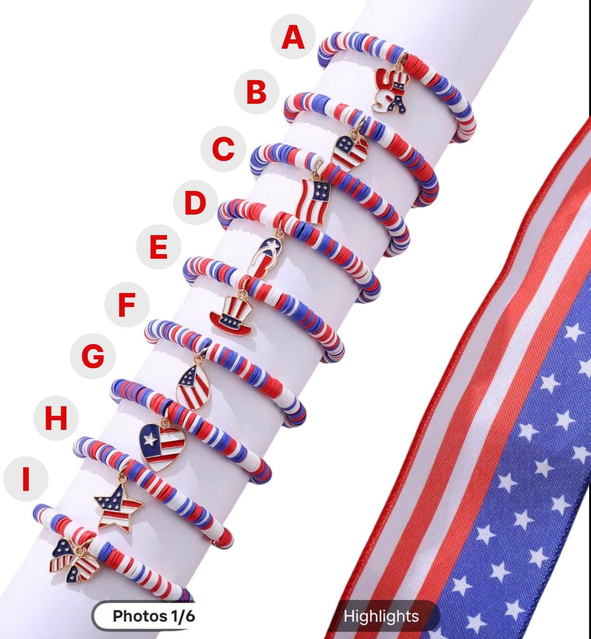 4th of July Beaded Bracelet, Patriotic  Charm Bracelet, USA Flag Stretch Bracelet, Red White Blue Jewelry