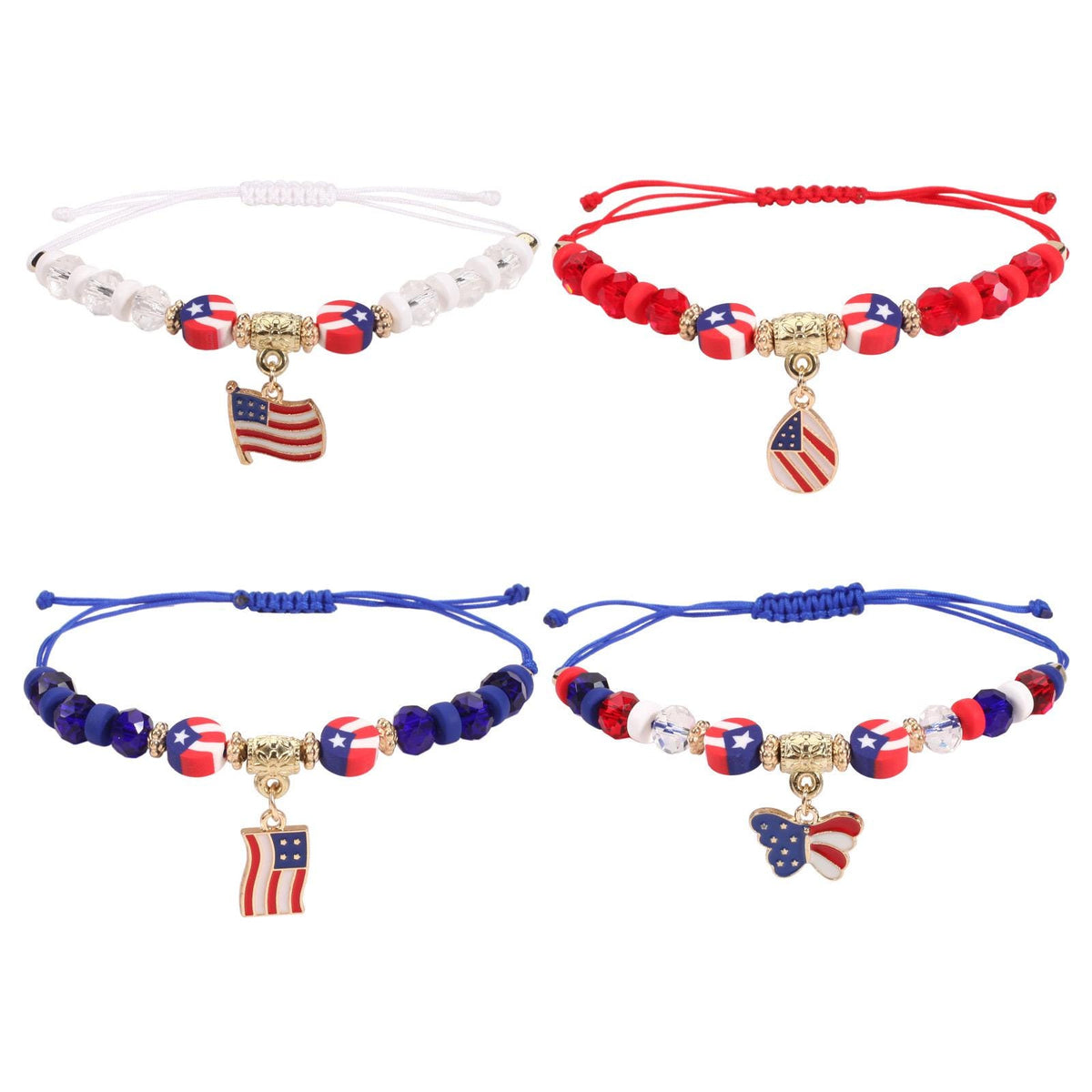 4th of July Adjustable Bracelet, Patriotic Red White Blue Charm Bracelet, USA Flag Beaded Bracelet, Memorial Day Jewelry