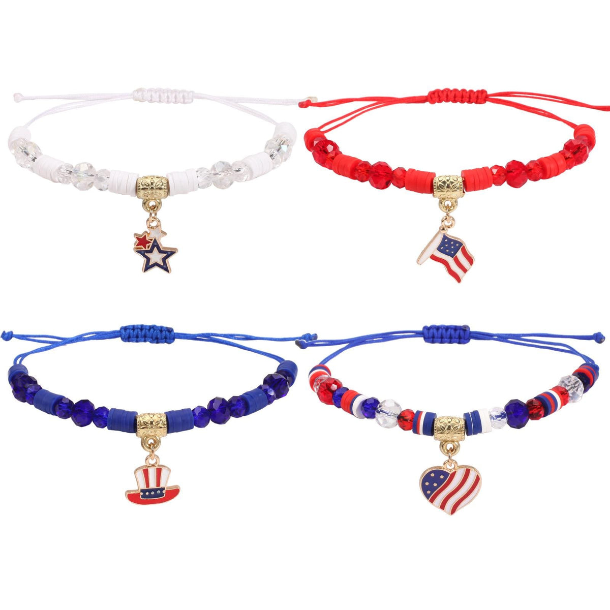 4th of July Adjustable Bracelet, Patriotic Red White Blue Charm Bracelet, USA Flag Beaded Bracelet, Memorial Day Jewelry