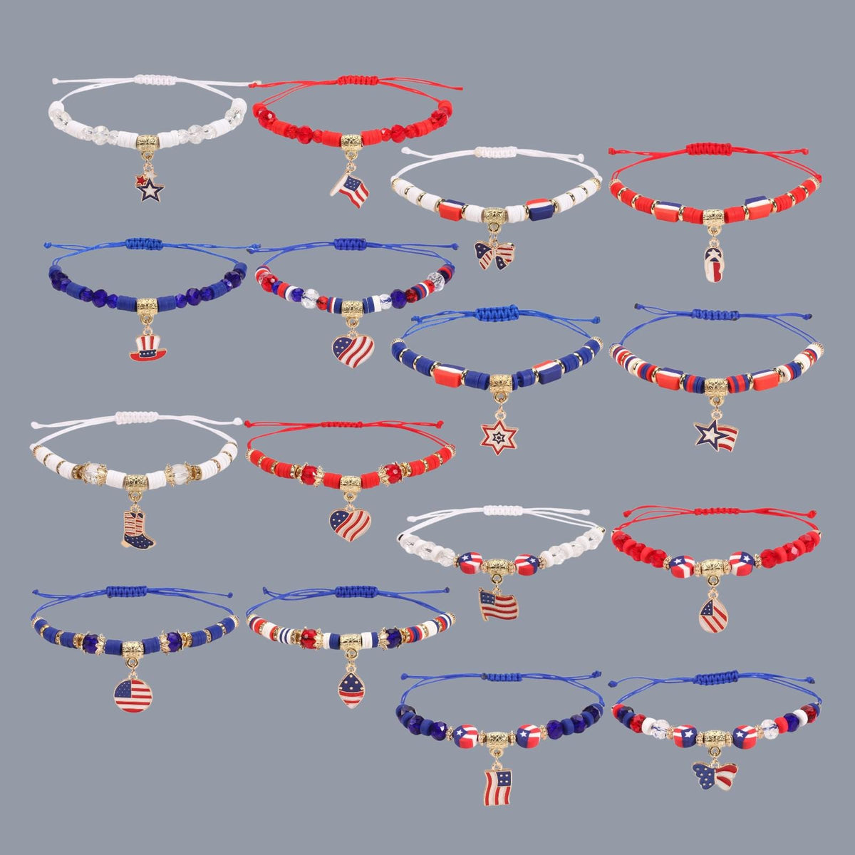 4th of July Adjustable Bracelet, Patriotic Red White Blue Charm Bracelet, USA Flag Beaded Bracelet, Memorial Day Jewelry