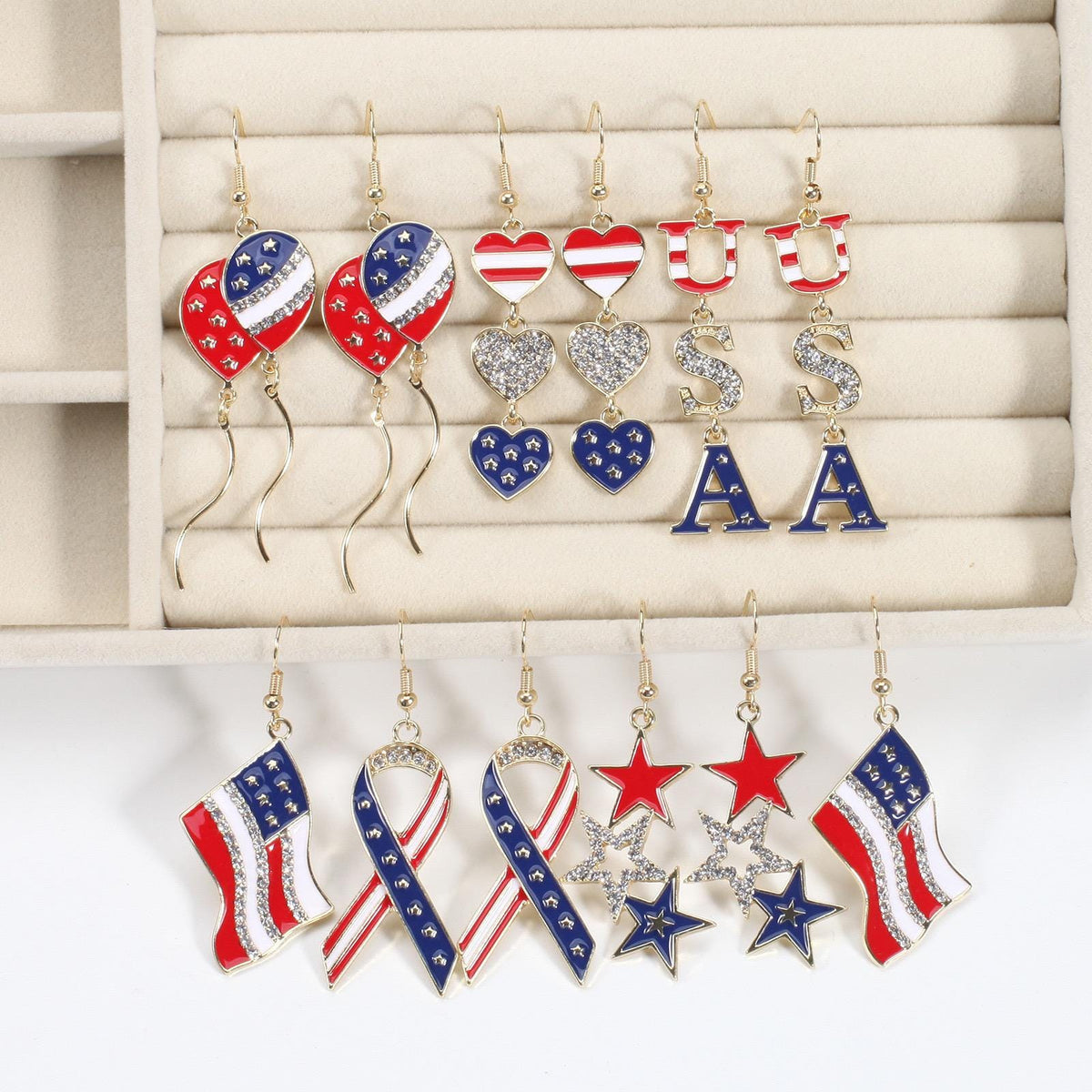 4th of July Dangle Earrings, Patriotic Red White Blue Earrings, USA Flag Heart Star Drop Earrings, Memorial Day Jewelry