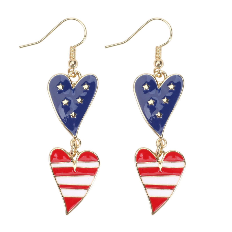 4th of July Dangle Earrings, Patriotic Red White Blue Earrings, USA Flag Heart Star Drop Earrings, Memorial Day Jewelry
