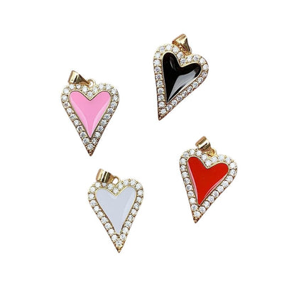 CZ Heart Pendant Charm, Gold Pave Heart Charm, Enamel Heart Jewelry Charm, Red Pink Black White Heart Pendant