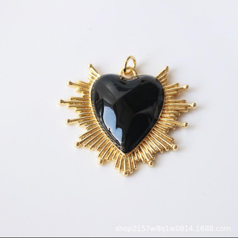 Gold Sacred Heart Pendant Charm, Enamel Heart Sunburst Charm, 34mm Statement Heart Jewelry, Red Pink Black Heart Pendant