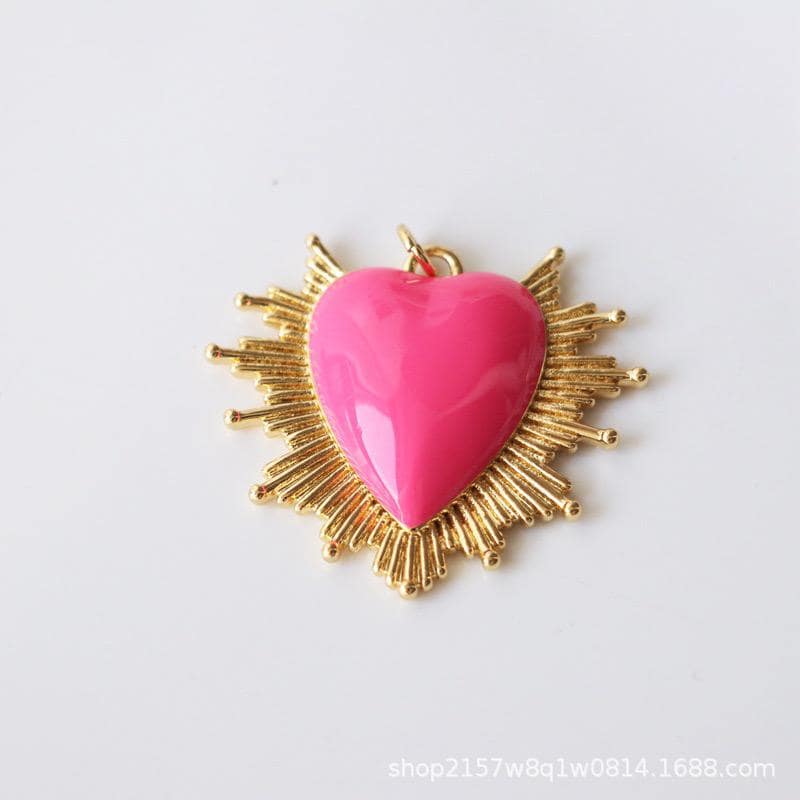 Gold Sacred Heart Pendant Charm, Enamel Heart Sunburst Charm, 34mm Statement Heart Jewelry, Red Pink Black Heart Pendant