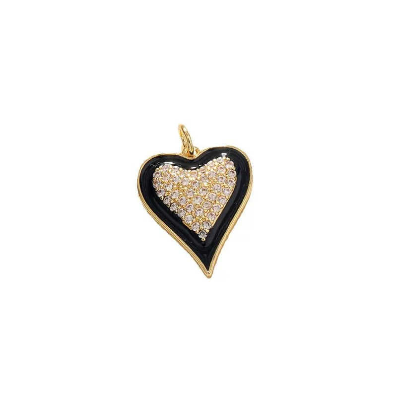Black Enamel Heart Charm | CZ Pave Heart Pendant, Gold Plated Heart Charm for DIY Necklace Bracelet Jewelry Making