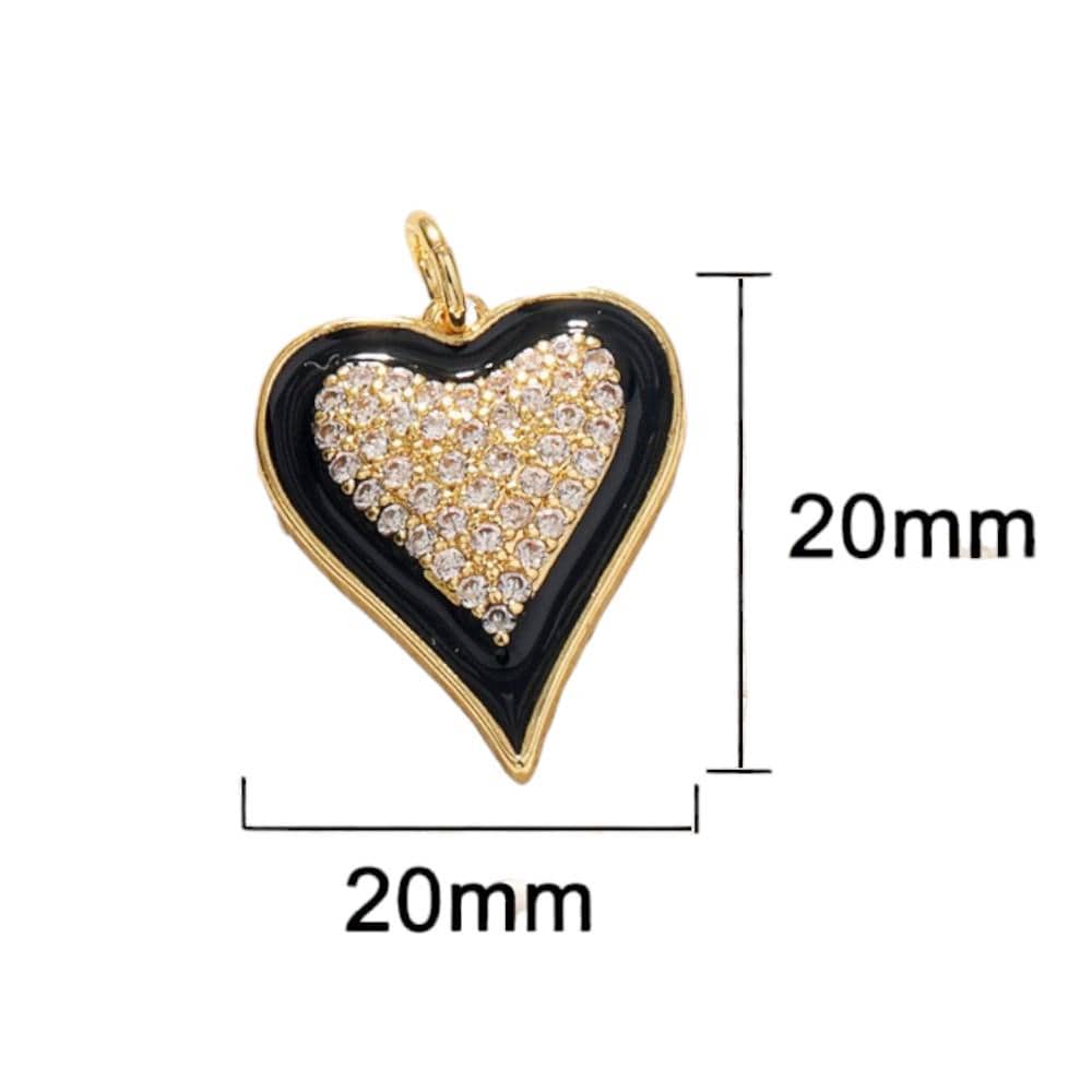 Black Enamel Heart Charm | CZ Pave Heart Pendant, Gold Plated Heart Charm for DIY Necklace Bracelet Jewelry Making