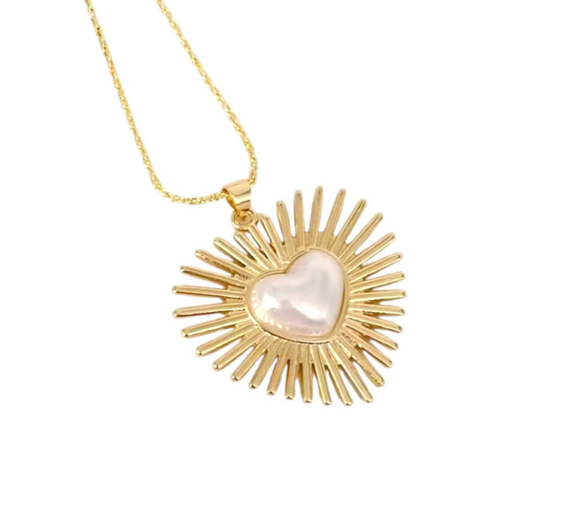 Gold Sunburst Heart Charm Necklace, Pearl Heart Pendant, Gold Heart Charm, Celestial Necklace, Charm Pendant Jewelry Gift