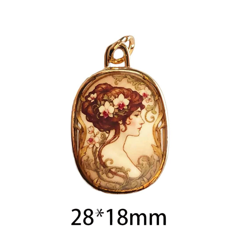 Vintage Art Nouveau Charm Pendant, Floral Bird Portrait Pendant, Gold Oval Charm, Cottagecore Jewelry, Victorian Style Charm