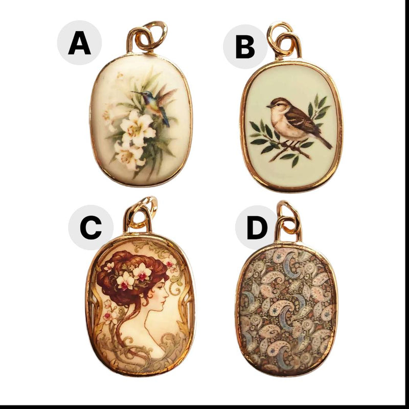 Vintage Art Nouveau Charm Pendant, Floral Bird Portrait Pendant, Gold Oval Charm, Cottagecore Jewelry, Victorian Style Charm