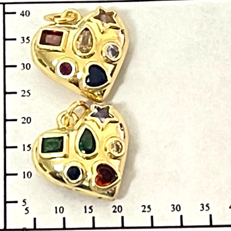 Gold Gem Heart Charm Pendant, Colorful Crystal Heart Charm, Vintage Inspired Heart Pendant, Gold Plated Jewelry Charm, DIY Necklace Charm