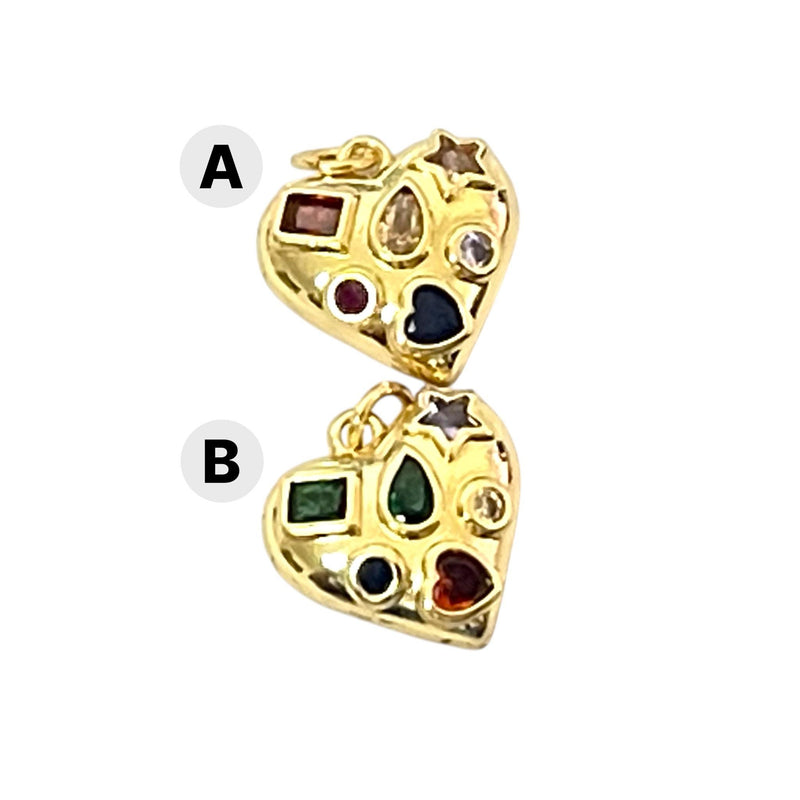 Gold Gem Heart Charm Pendant, Colorful Crystal Heart Charm, Vintage Inspired Heart Pendant, Gold Plated Jewelry Charm, DIY Necklace Charm