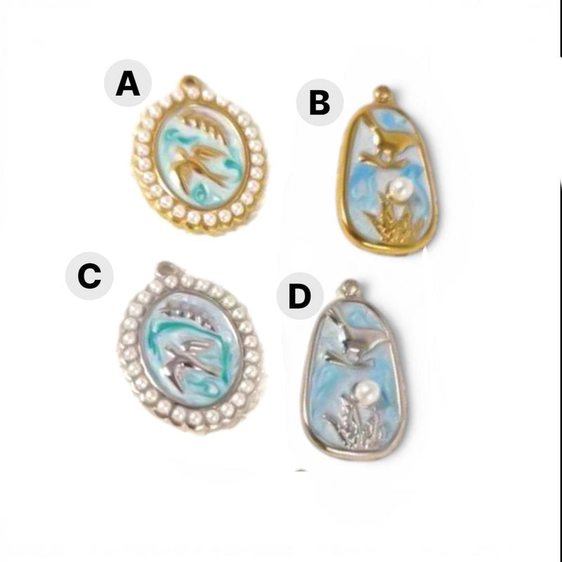 Coastal Bird Charm Pendant Set, Seagull Ocean Charm, Pearl Beach Pendant, Enamel Coastal Jewelry Charm,