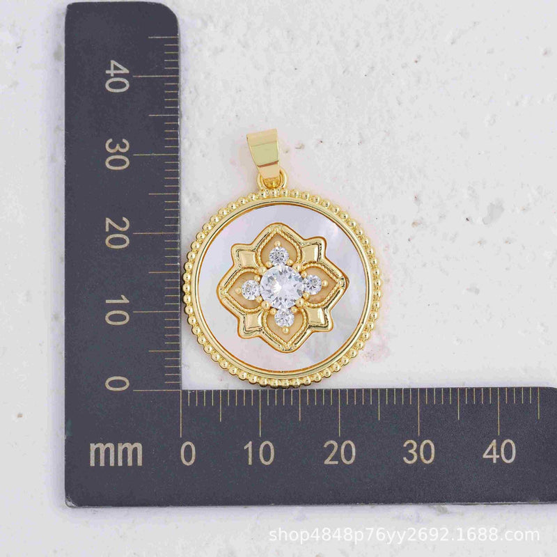 Round Floral Medallion Pendant Charm, Gold & Silver CZ Charm, Vintage Inspired Jewelry Pendant, Mother of Pearl Statement Charm