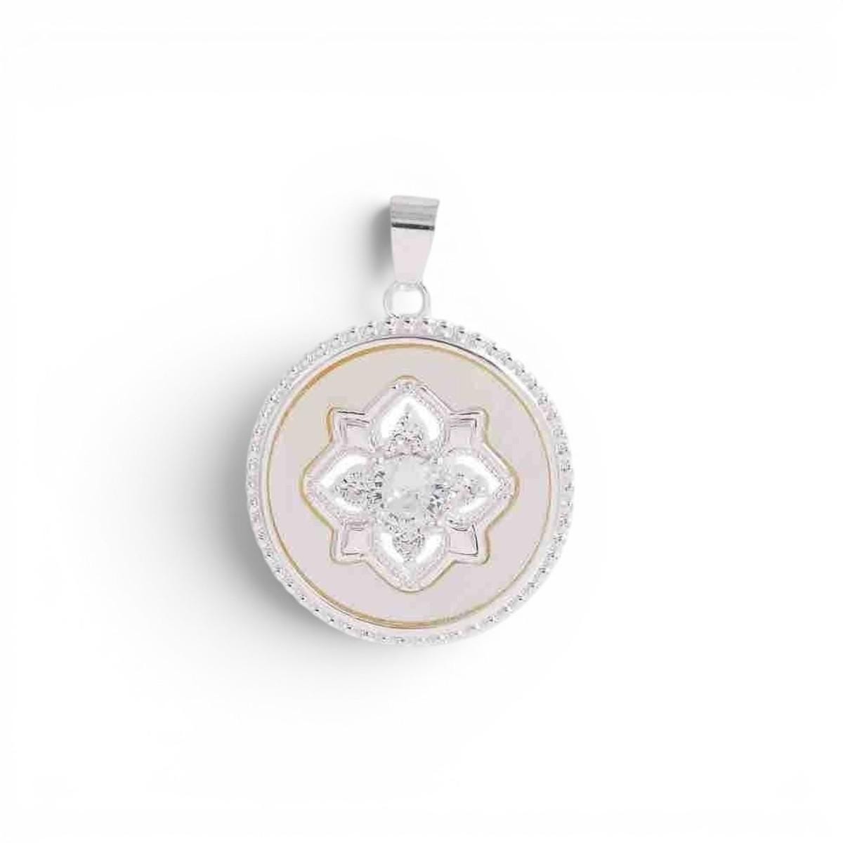 Round Floral Medallion Pendant Charm, Gold & Silver CZ Charm, Vintage Inspired Jewelry Pendant, Mother of Pearl Statement Charm