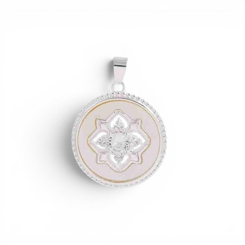 Round Floral Medallion Pendant Charm, Gold & Silver CZ Charm, Vintage Inspired Jewelry Pendant, Mother of Pearl Statement Charm
