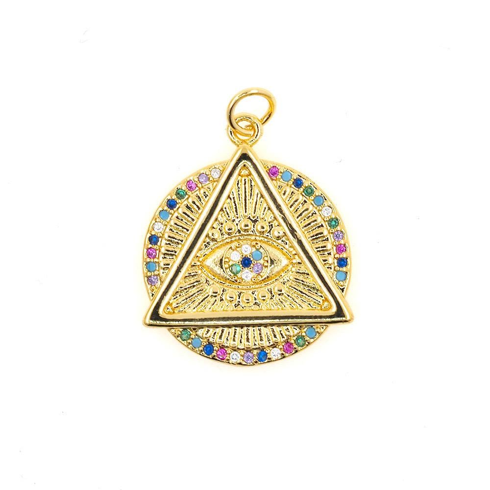 Rainbow Evil Eye Triangle Charm Pendant, Gold Mystic Eye Pendant, Colorful CZ Charm, Spiritual Jewelry Supply, Boho Necklace Charm