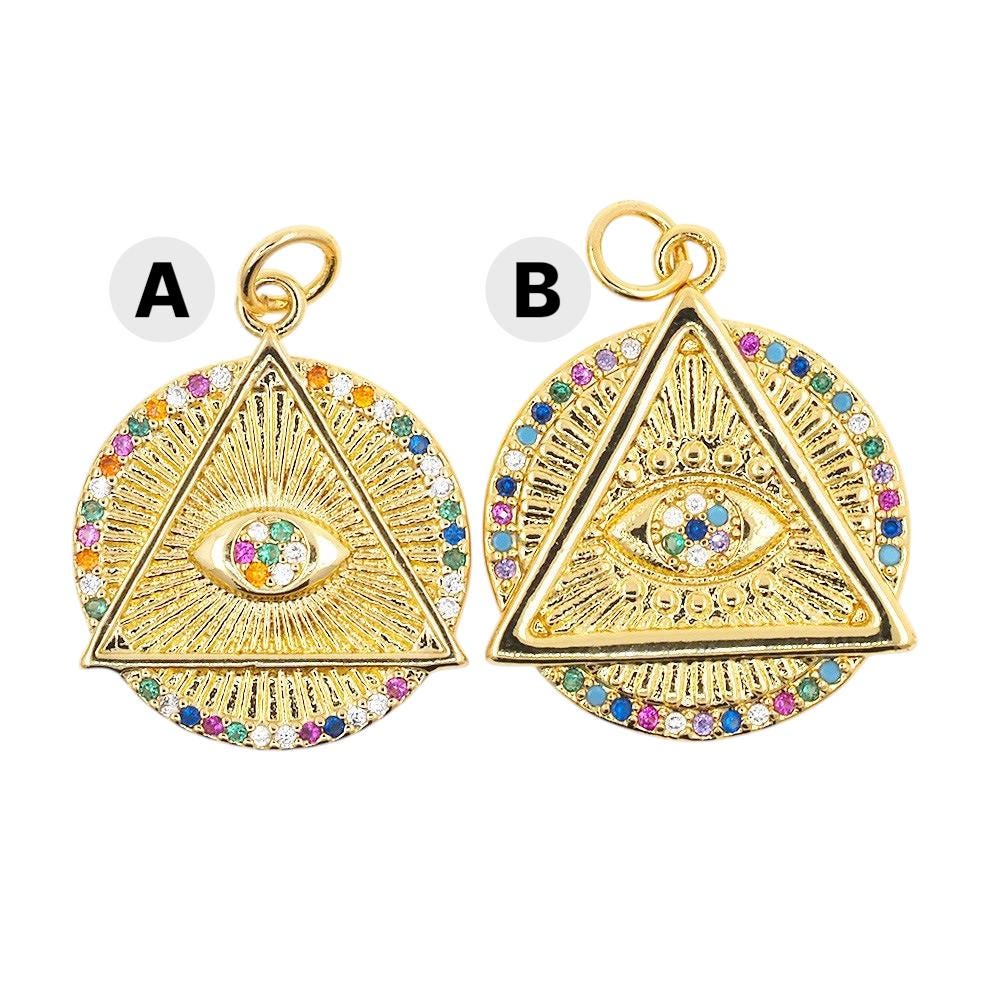 Rainbow Evil Eye Triangle Charm Pendant, Gold Mystic Eye Pendant, Colorful CZ Charm, Spiritual Jewelry Supply, Boho Necklace Charm