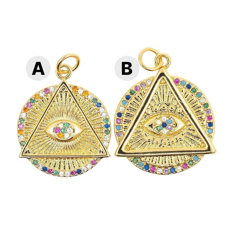 Rainbow Evil Eye Triangle Charm Pendant, Gold Mystic Eye Pendant, Colorful CZ Charm, Spiritual Jewelry Supply, Boho Necklace Charm