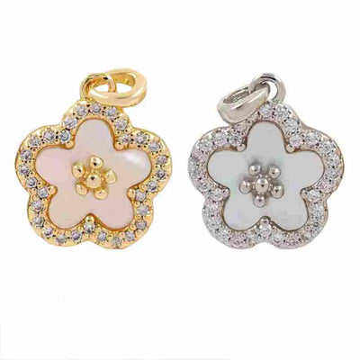 Crystal Flower Pendant Charm, Gold or Silver Flower Charm, CZ Pave Floral Pendant, Jewelry Making Supply