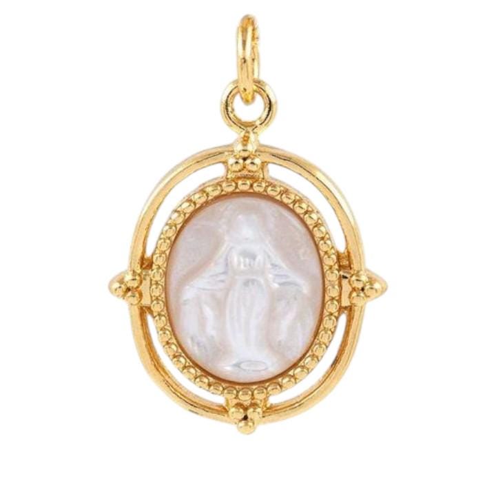Natural Shell Virgin Mary Pendant, Gold Pearl Religious Charm, Mother of Pearl Catholic Medal, Spiritual Jewelry Pendant
