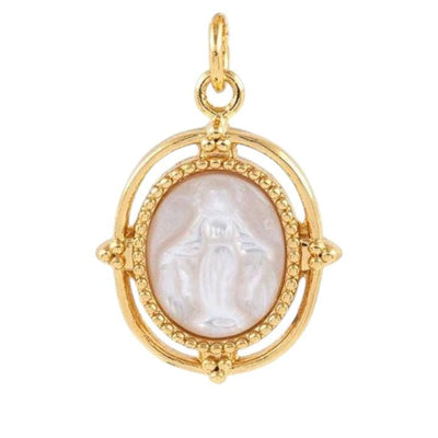 Natural Shell Virgin Mary Pendant, Gold Pearl Religious Charm, Mother of Pearl Catholic Medal, Spiritual Jewelry Pendant