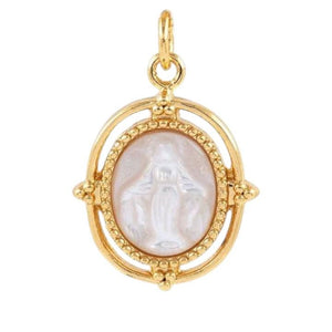 Natural Shell Virgin Mary Pendant, Gold Pearl Religious Charm, Mother of Pearl Catholic Medal, Spiritual Jewelry Pendant