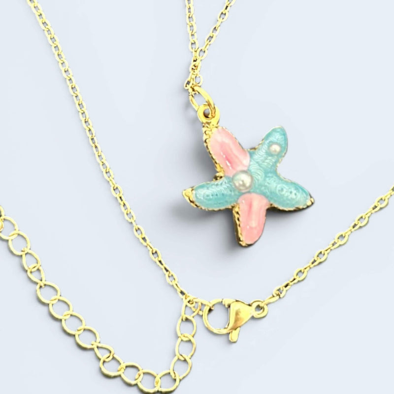 Pastel Starfish & Seashell Charm Necklace, Coastal Beach Pendant Necklace, Summer Mermaid Necklace, Available With or Without Chain