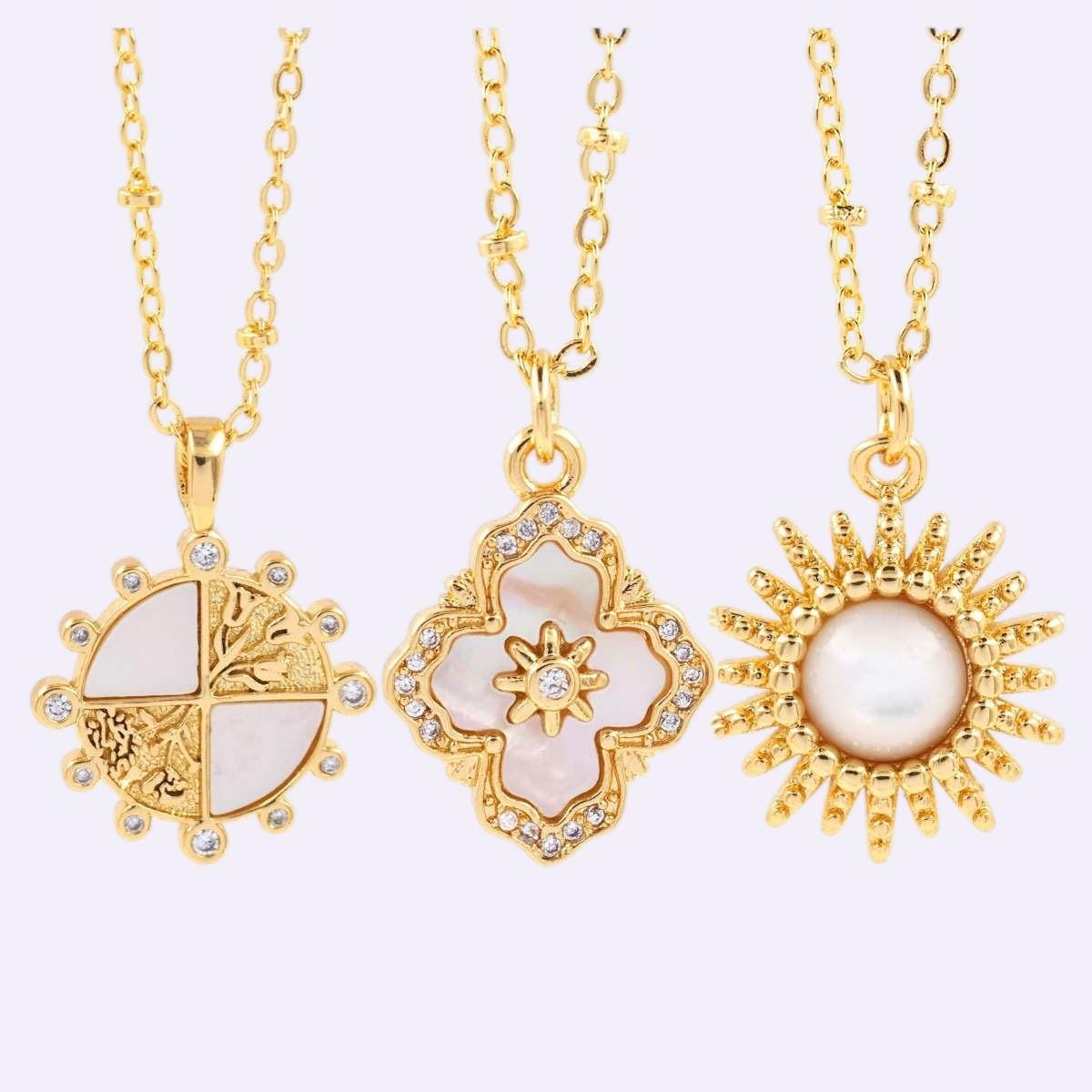 Natural Mother of Pearl Pendants with optional Satellite Chain, Sunburst Shell,Sun & Moon, Celestial