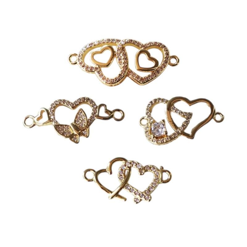 Gold Heart Connector Charm, CZ Double Heart Link, Butterfly Heart Connector, Crystal HearT, Bracelet Connector, Necklace Link