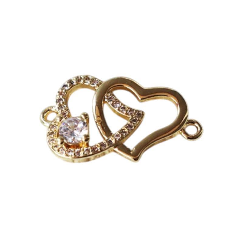 Gold Heart Connector Charm, CZ Double Heart Link, Butterfly Heart Connector, Crystal HearT, Bracelet Connector, Necklace Link