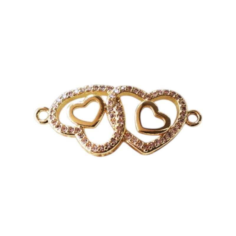 Gold Heart Connector Charm, CZ Double Heart Link, Butterfly Heart Connector, Crystal HearT, Bracelet Connector, Necklace Link