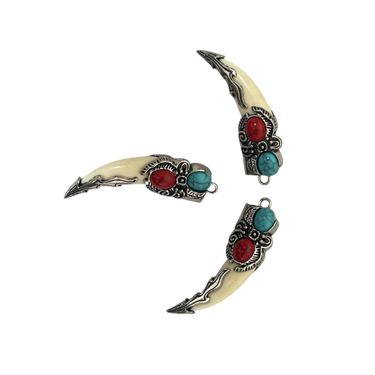 Wolf Fang Pendant Charm, Tribal Tooth Pendant, Viking Wolf Necklace Charm, Turquoise Red Stone Tusk Pendant