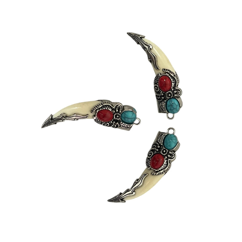 Wolf Fang Pendant Charm, Tribal Tooth Pendant, Viking Wolf Necklace Charm, Turquoise Red Stone Tusk Pendant
