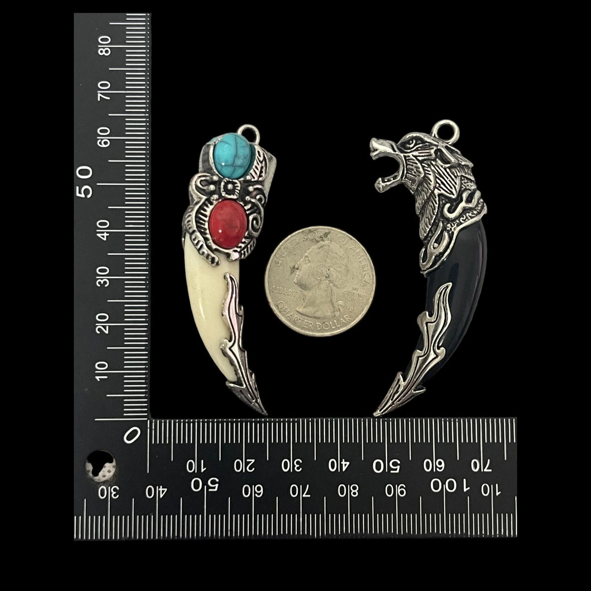 Wolf Fang Pendant Charm, Tribal Tooth Pendant, Viking Wolf Necklace Charm, Turquoise Red Stone Tusk Pendant